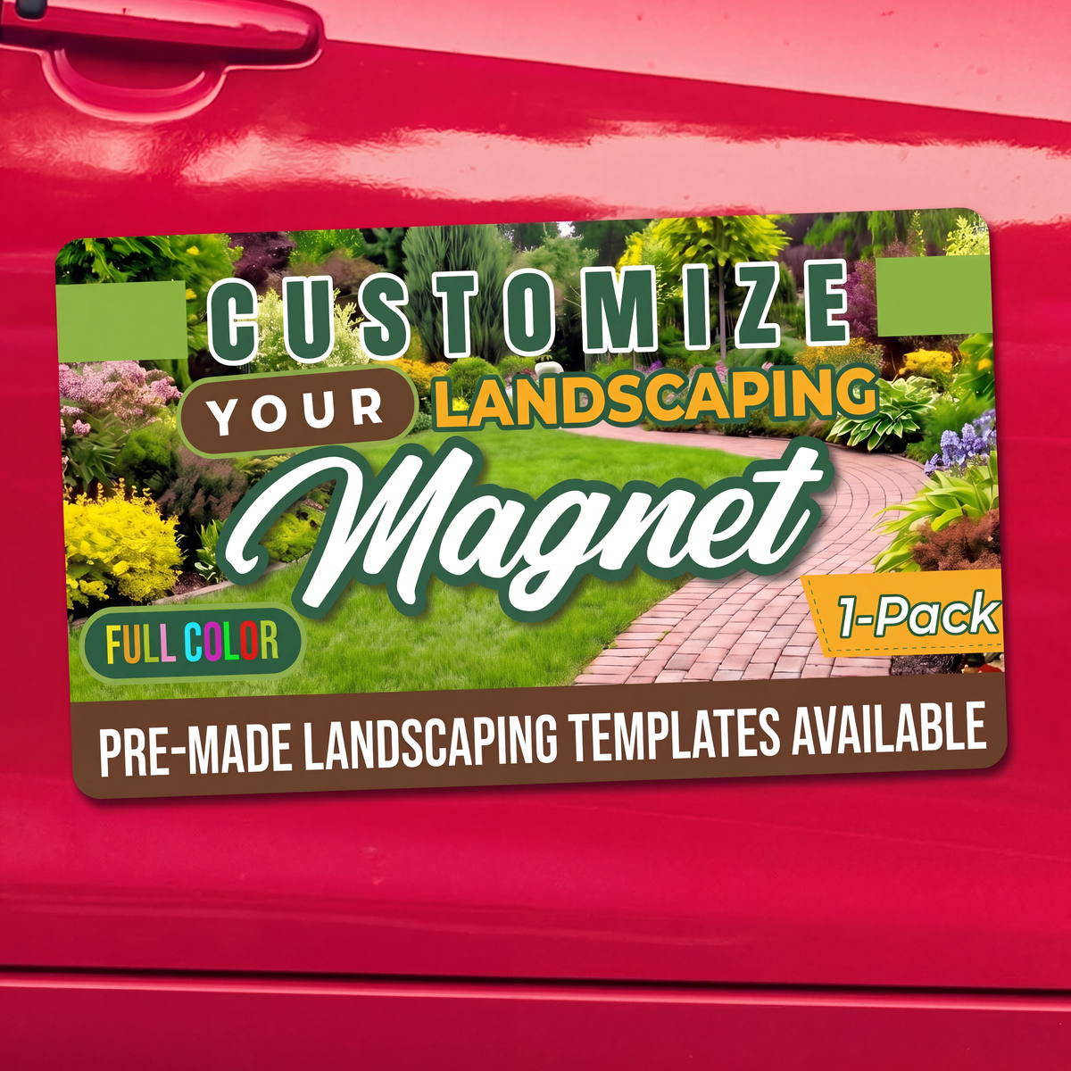Custom landscaping car magnet on a vehicle door