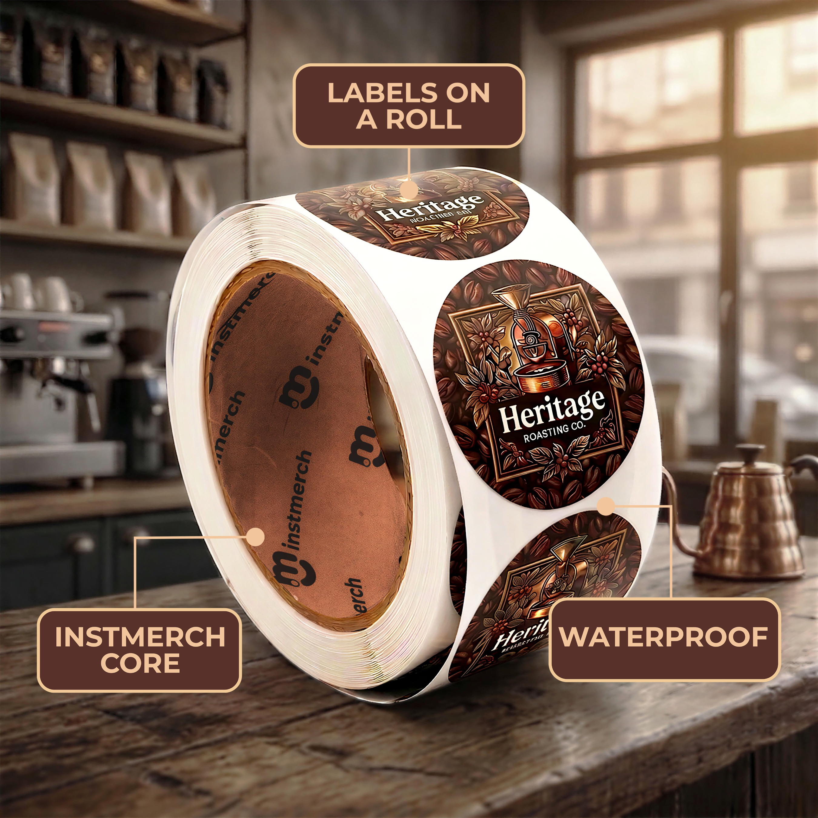 A roll of round coffee label stickers on a wooden counter in a cafe setting, with callout labels pointing to the printed design ('LABELS ON A ROLL'), the inner core ('INSTMERCH CORE'), and waterproof quality ('WATERPROOF').