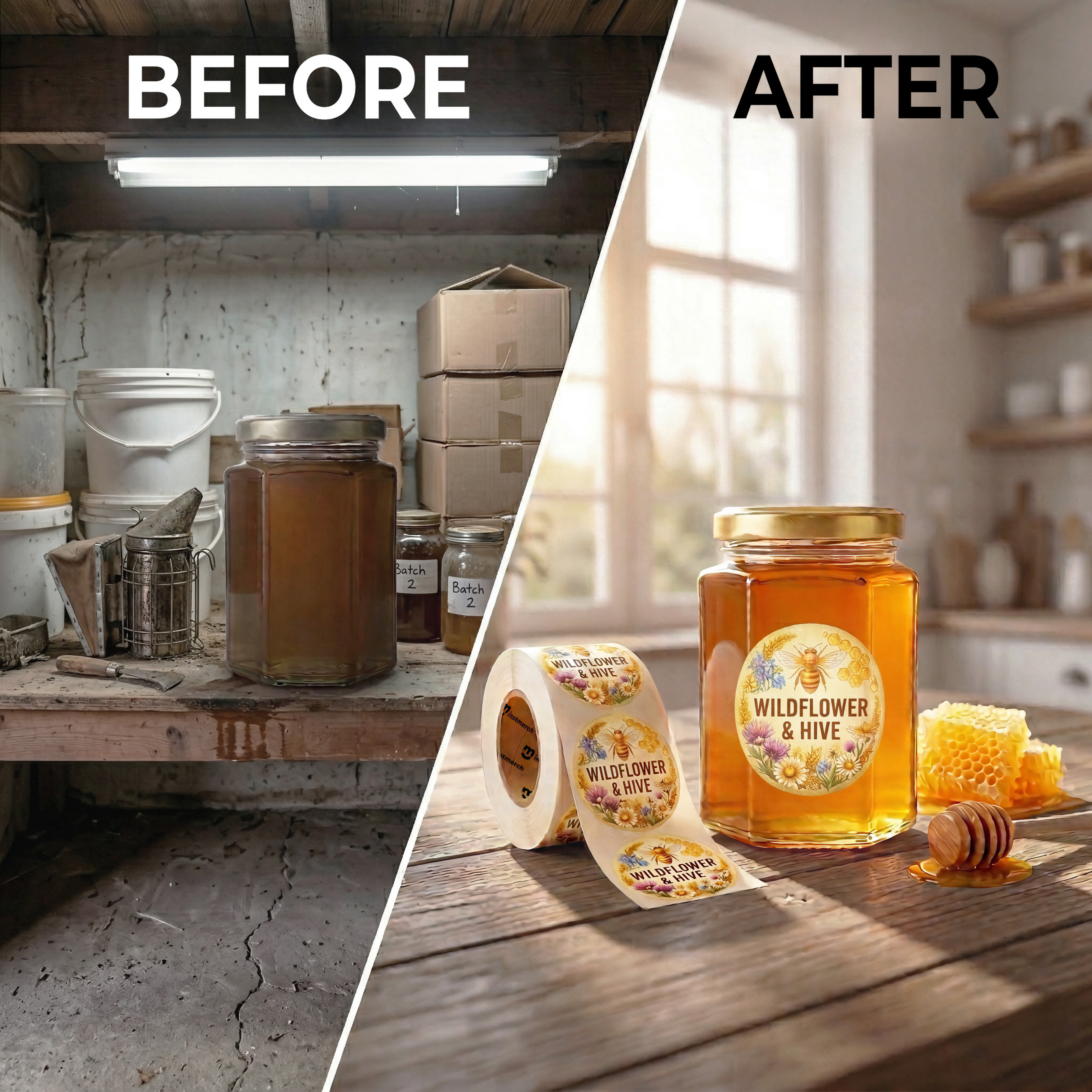A split before-and-after image showing a jar of honey and a roll of custom labels. The left side shows a rustic beekeeping workshop with jars and equipment under a fluorescent light, labeled 'BEFORE'.