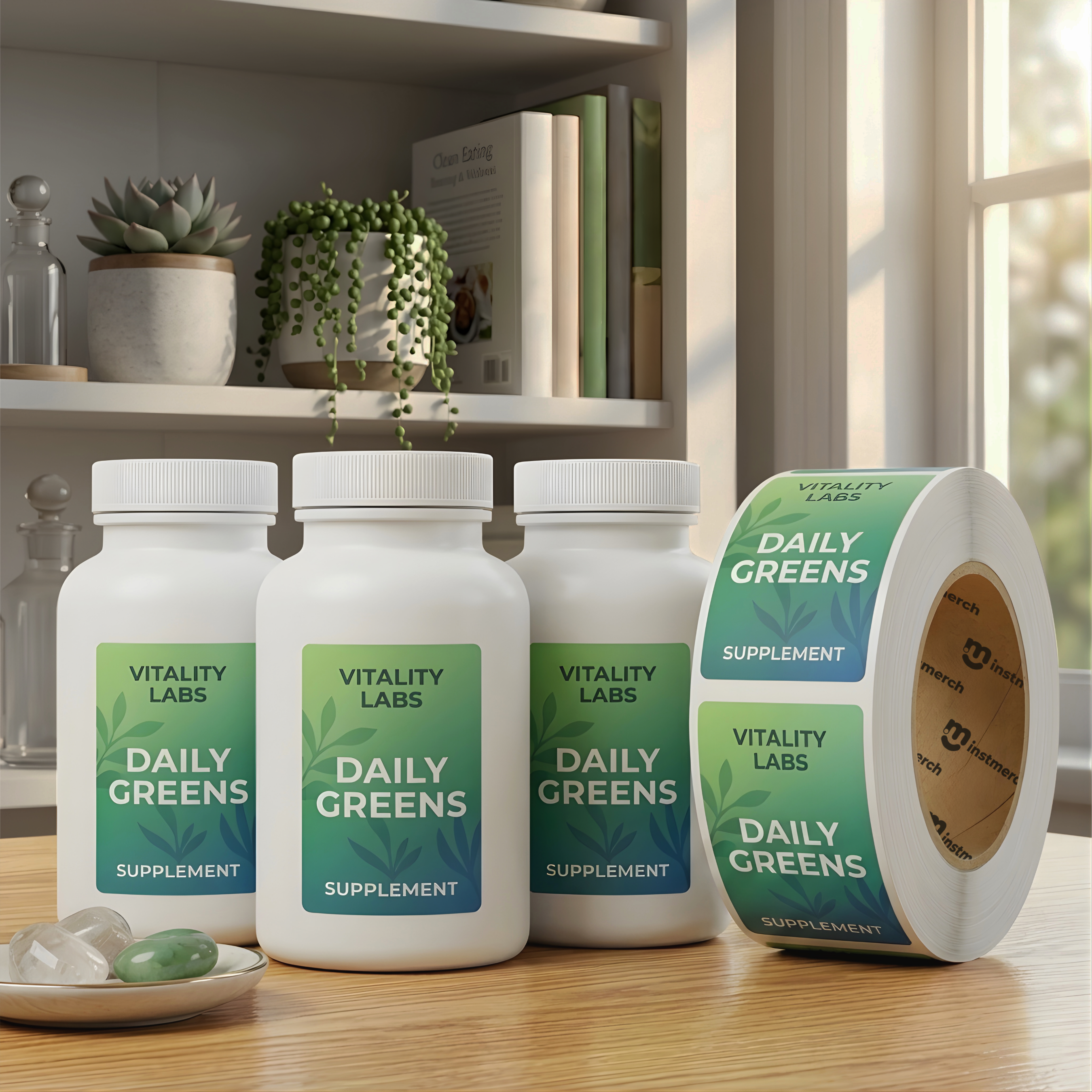 Three white supplement bottles and a roll of matching labels reading VITALITY LABS DAILY GREENS, arranged on a wooden tabletop in a bright indoor setting with shelves and plants in the background.