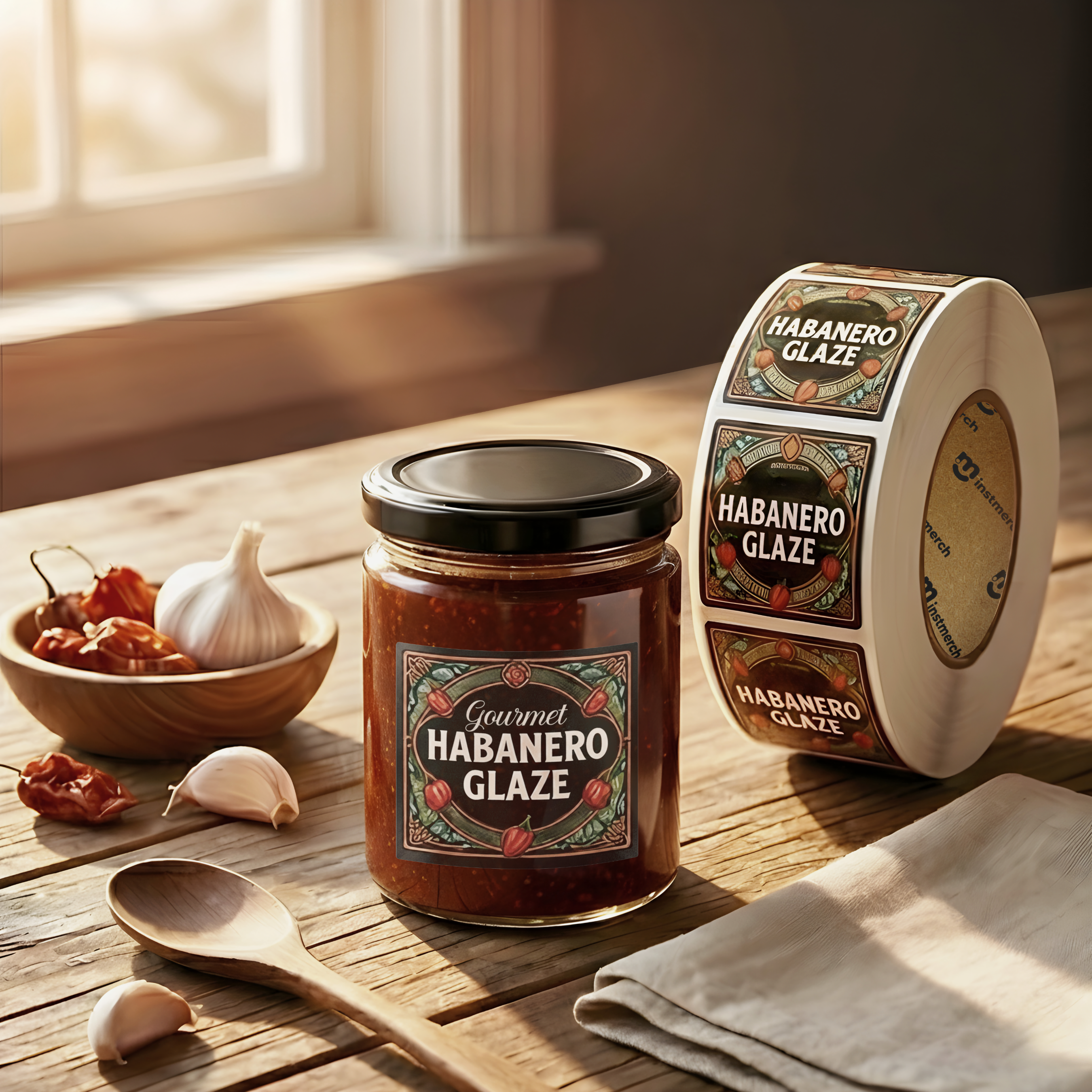 A jar of Gourmet Habanero Glaze next to a roll of matching labels on a rustic wooden table, styled with garlic, dried chili peppers, a wooden spoon, and a folded cloth.