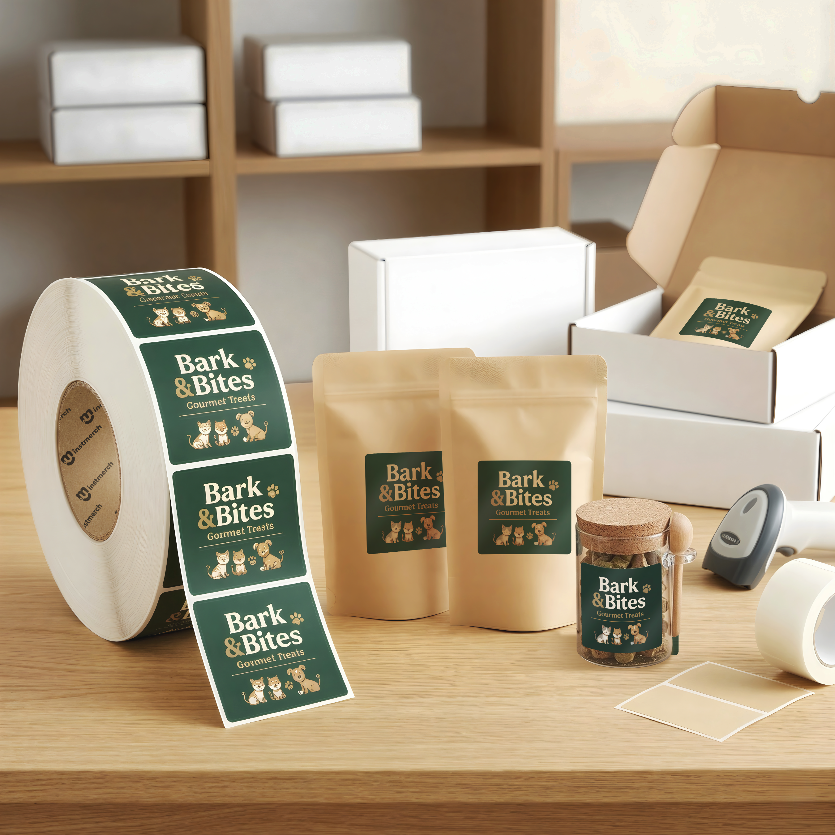A roll of custom labels and several branded packaging pouches and jars on a wooden desk. The labels read Bark & Bites Premium Treats with a dark green background and tan dog and treat illustrations.