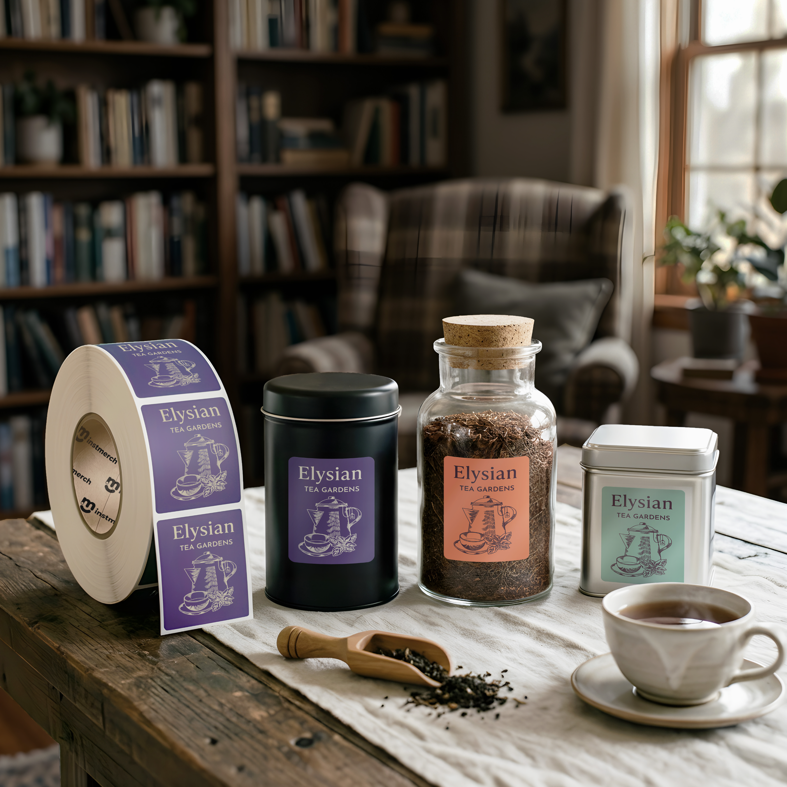 A styled tabletop scene in a cozy library/living room setting showing branded tea packaging: a roll of purple and white labels, a black tin canister, a glass jar filled with loose tea and labeled Elysian Tea Collection, a silver tin canister, a small wooden scoop with loose tea, and a cup of tea on a saucer. The background is softly blurred with bookshelves and an armchair.