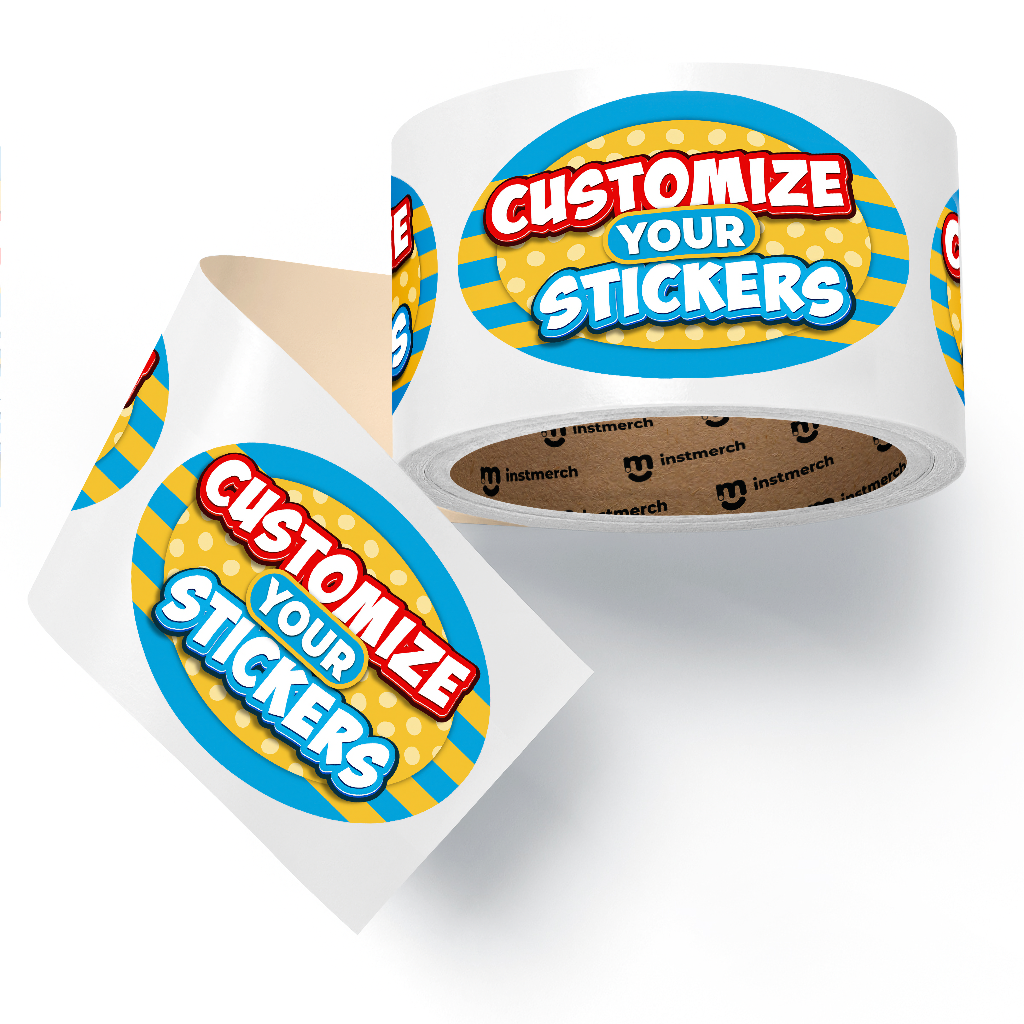 Roll of stickers with 'Customize Your Stickers' text on a white background