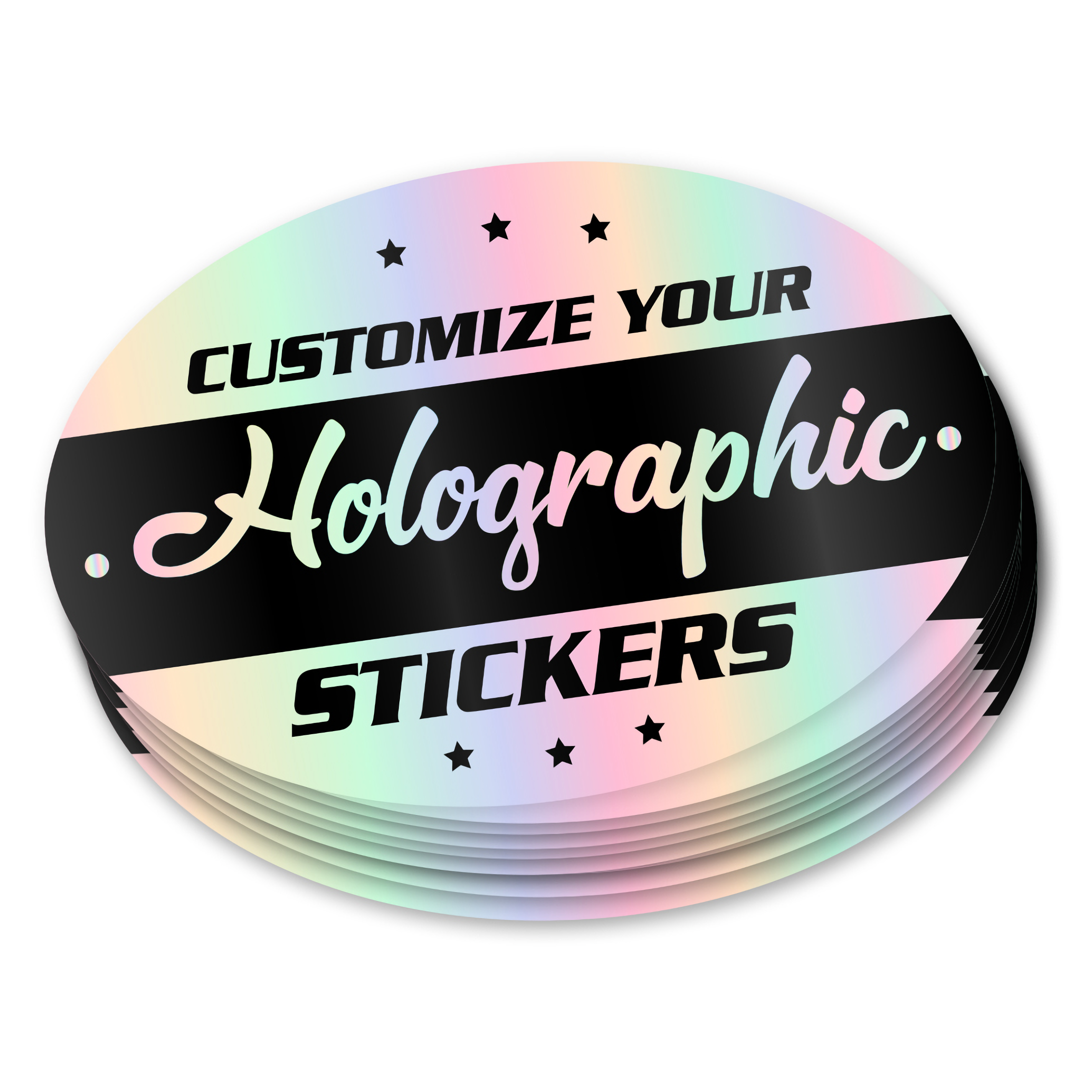 Custom Oval Holographic Stickers on a Stack
