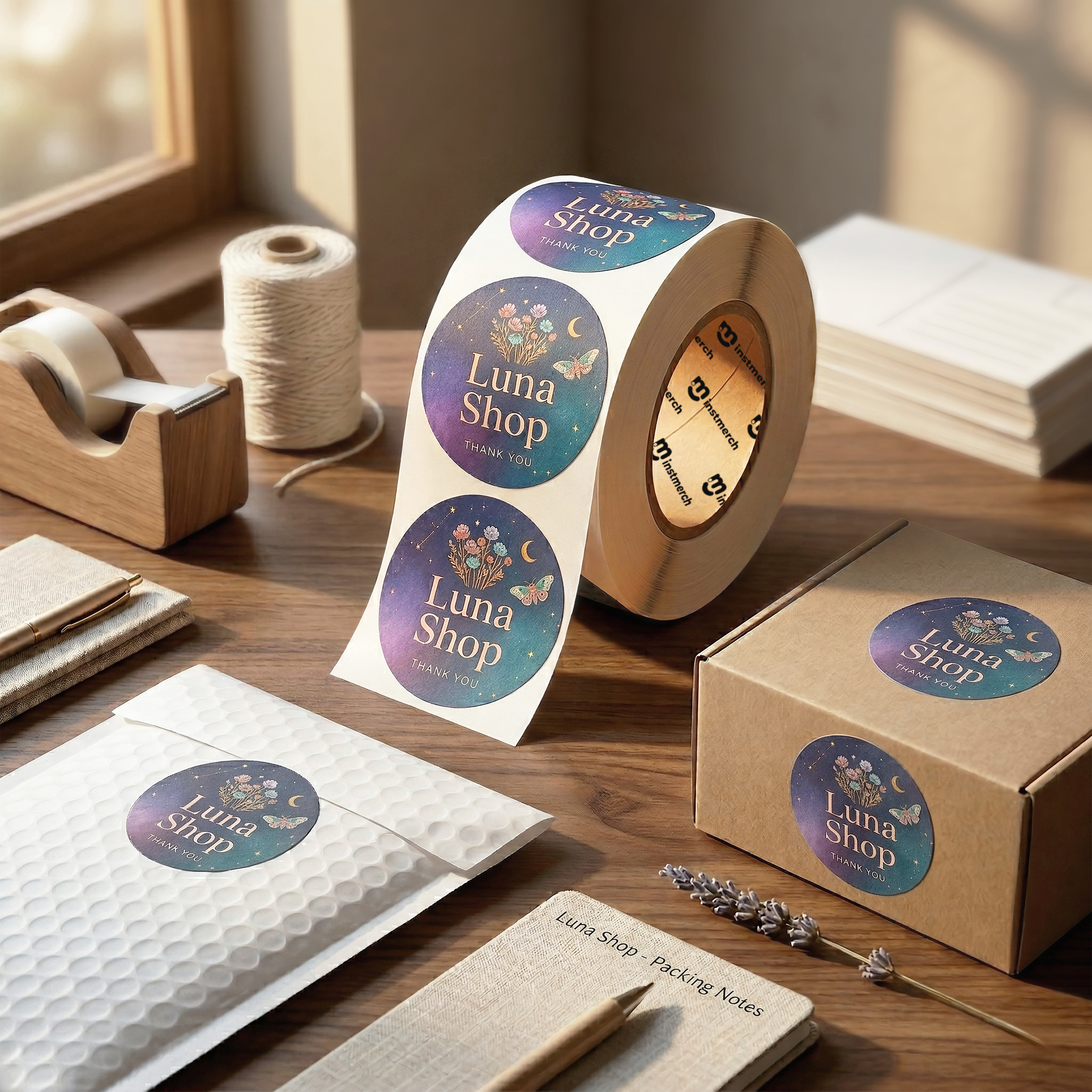 A roll of round stickers and packaging with the Luna Shop logo, styled on a wooden desk with stationery props including a tape dispenser, notebook, and envelope.