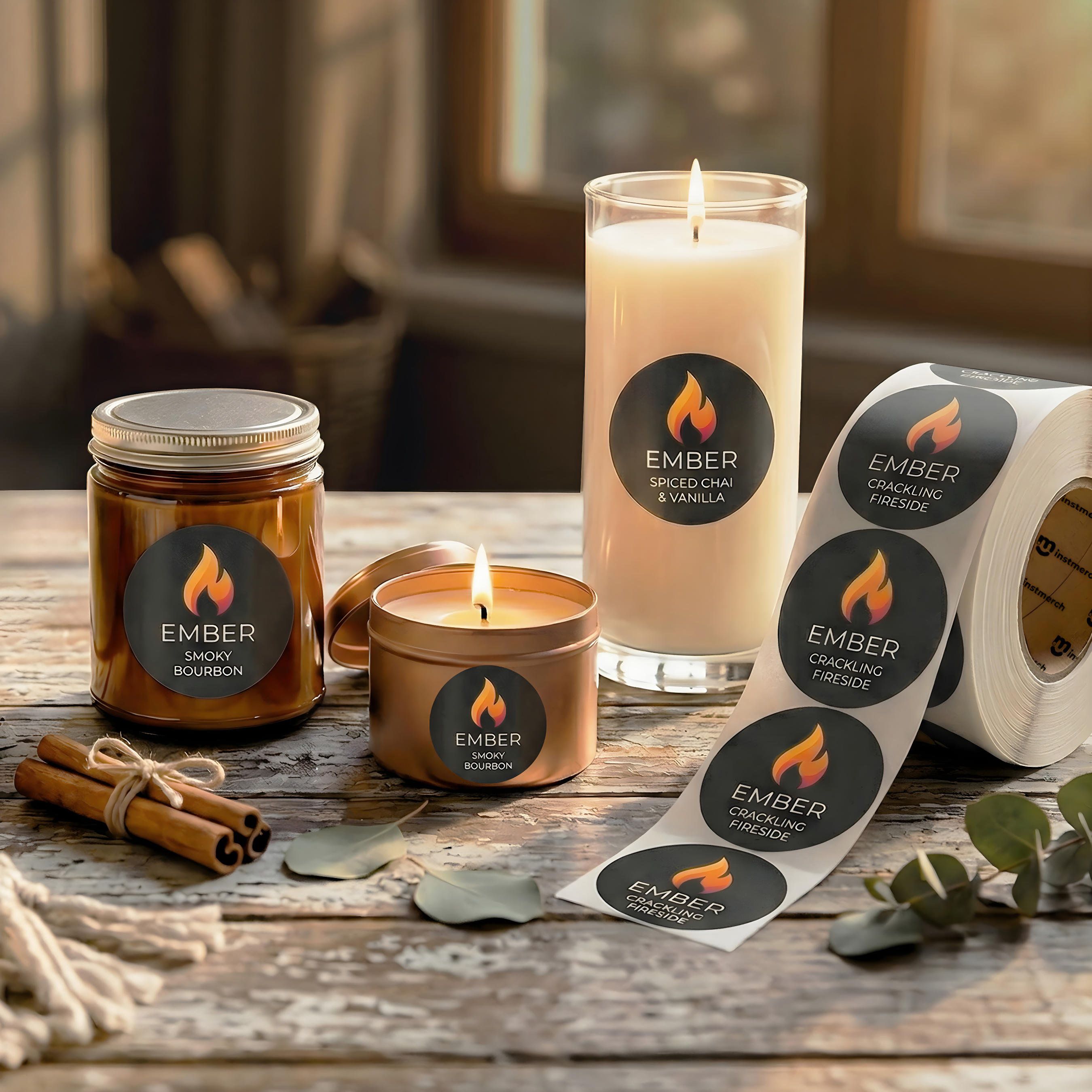 A set of branded candle products on a rustic wooden table, including a jar candle labeled 'Ember Spiced Coffee & Vanilla,' a small tin candle, a tall glass candle, and a roll of matching round labels. The scene is styled with cinnamon sticks, leaves, and rope, with a softly blurred indoor background.