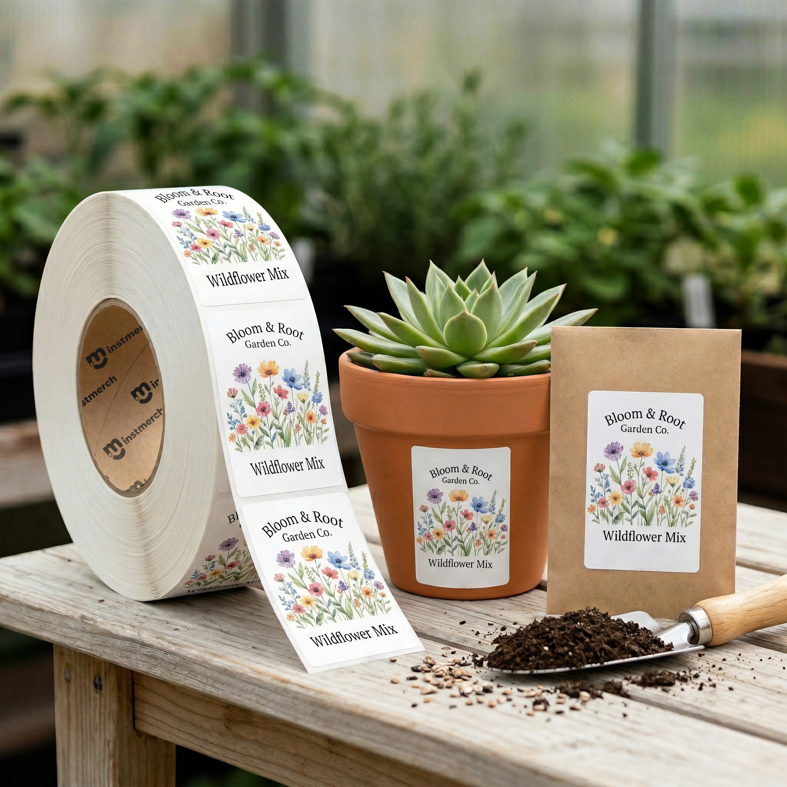 A roll of custom garden labels with a floral design and the text 'Bloom & Rose Garden Co.' and 'Wildflower Mix' is shown next to a potted succulent, a kraft paper seed packet, and soil on a wooden table in a greenhouse setting.
