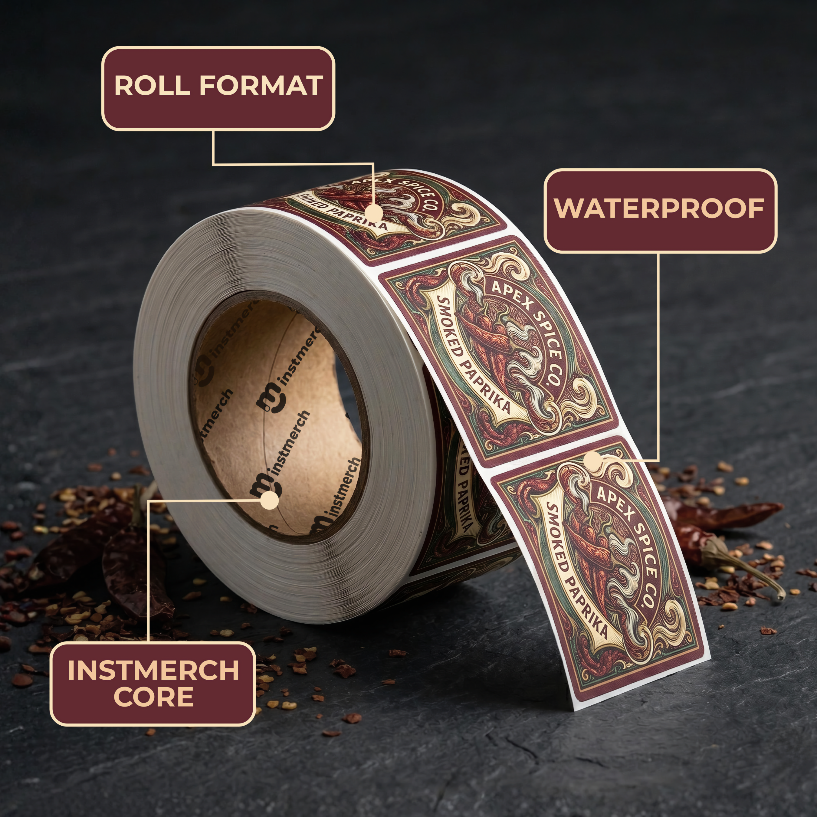 A roll of decorative adhesive labels or stickers with a vintage-style crest design, shown on a dark textured surface with callout labels reading ROLL FORMAT, WATERPROOF, and INSTMERCH CORE.