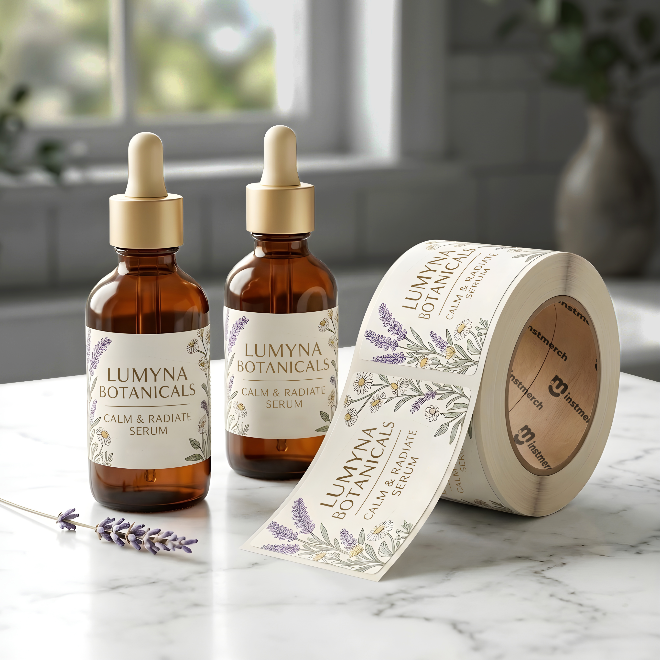 Two amber glass dropper bottles and a matching roll of labels for Lumyna Botanicals Calm & Radiate Serum, styled on a white marble surface with a sprig of lavender in front of a softly blurred kitchen background.