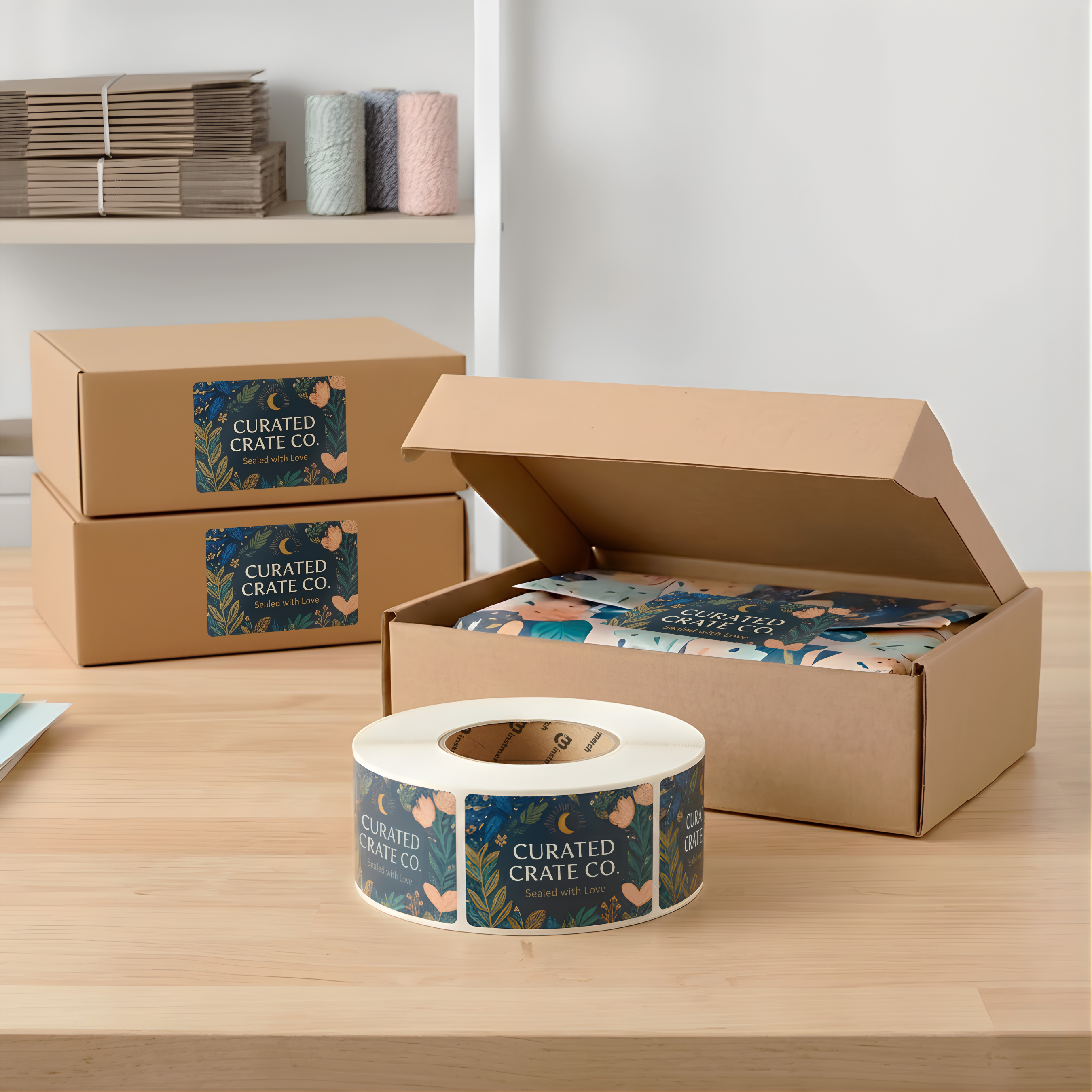 A roll of branded tape and two cardboard boxes with matching labels reading 'Curated Crate Co' on a light wood tabletop, with shelves in the background.