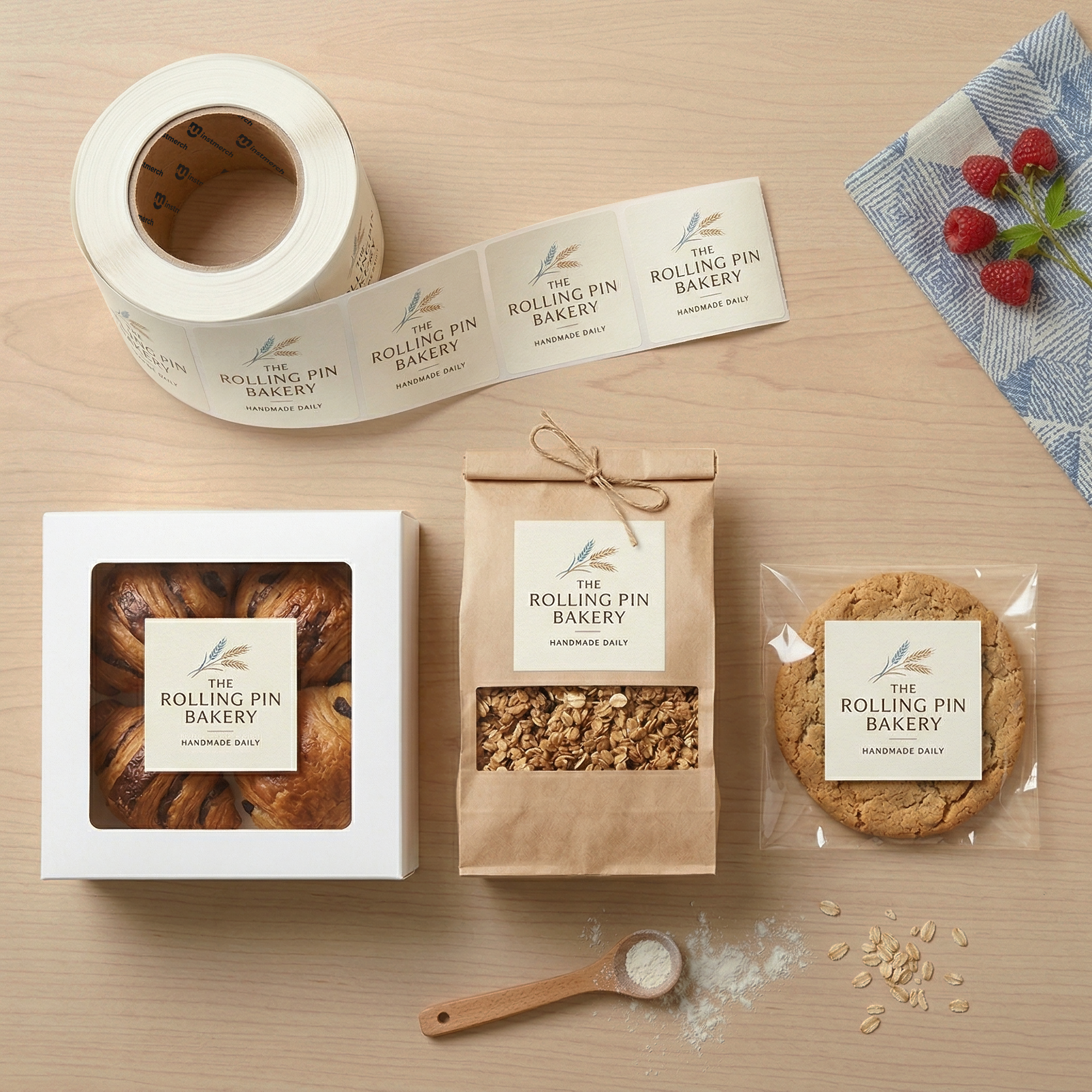 A styled flat-lay of bakery packaging on a light wood surface, including a roll of labels, a white box, a brown paper bag, and a clear bag with a round cookie. The labels read 'The Rolling Pin Bakery' and the products are labeled 'Hammered Salt'.