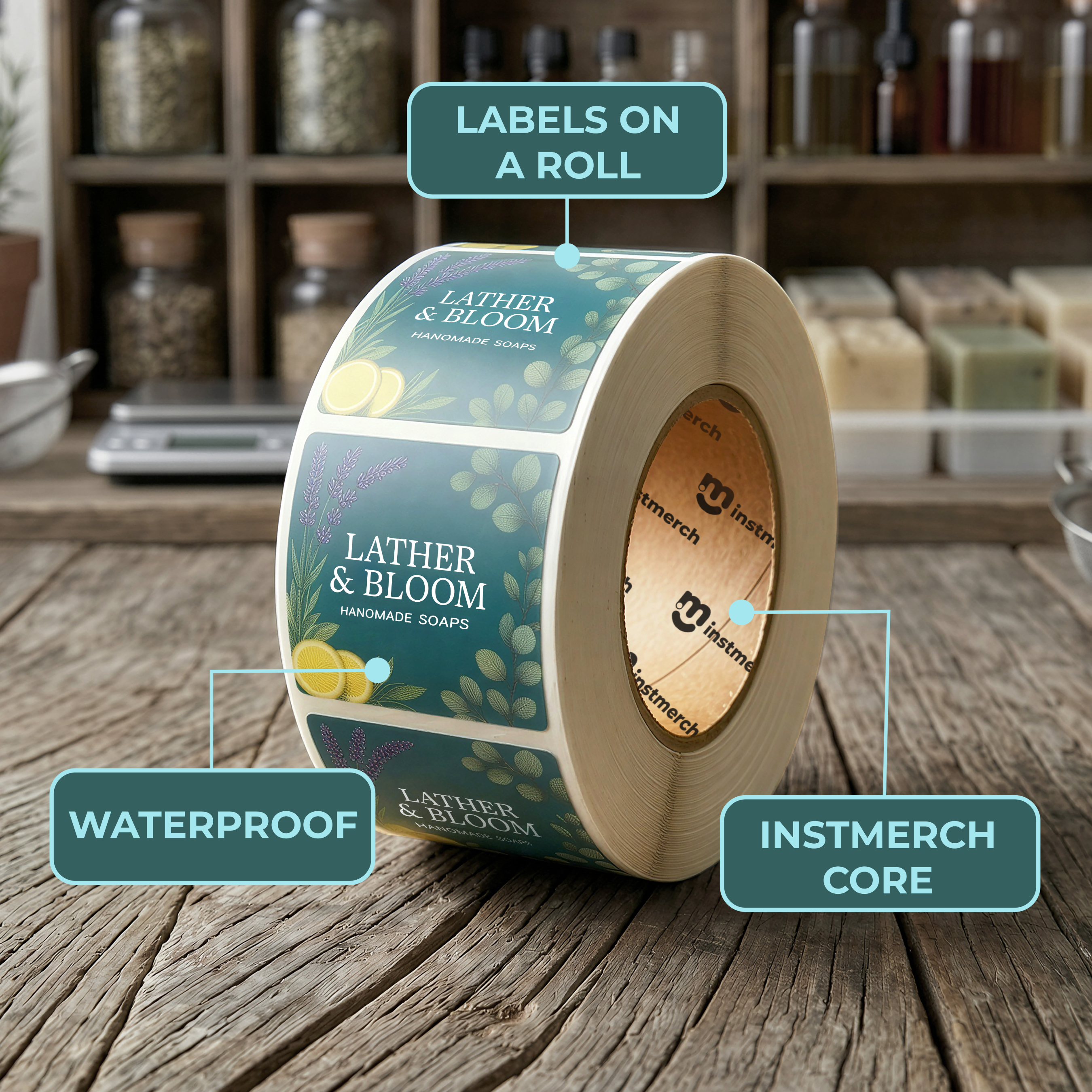 A roll of custom labels on a rustic wooden table, with informational callouts showing 'LABELS ON A ROLL', 'WATERPROOF', and 'INSTMERCH CORE'. The background shows a softly blurred kitchen or workshop setting with jars and shelves.