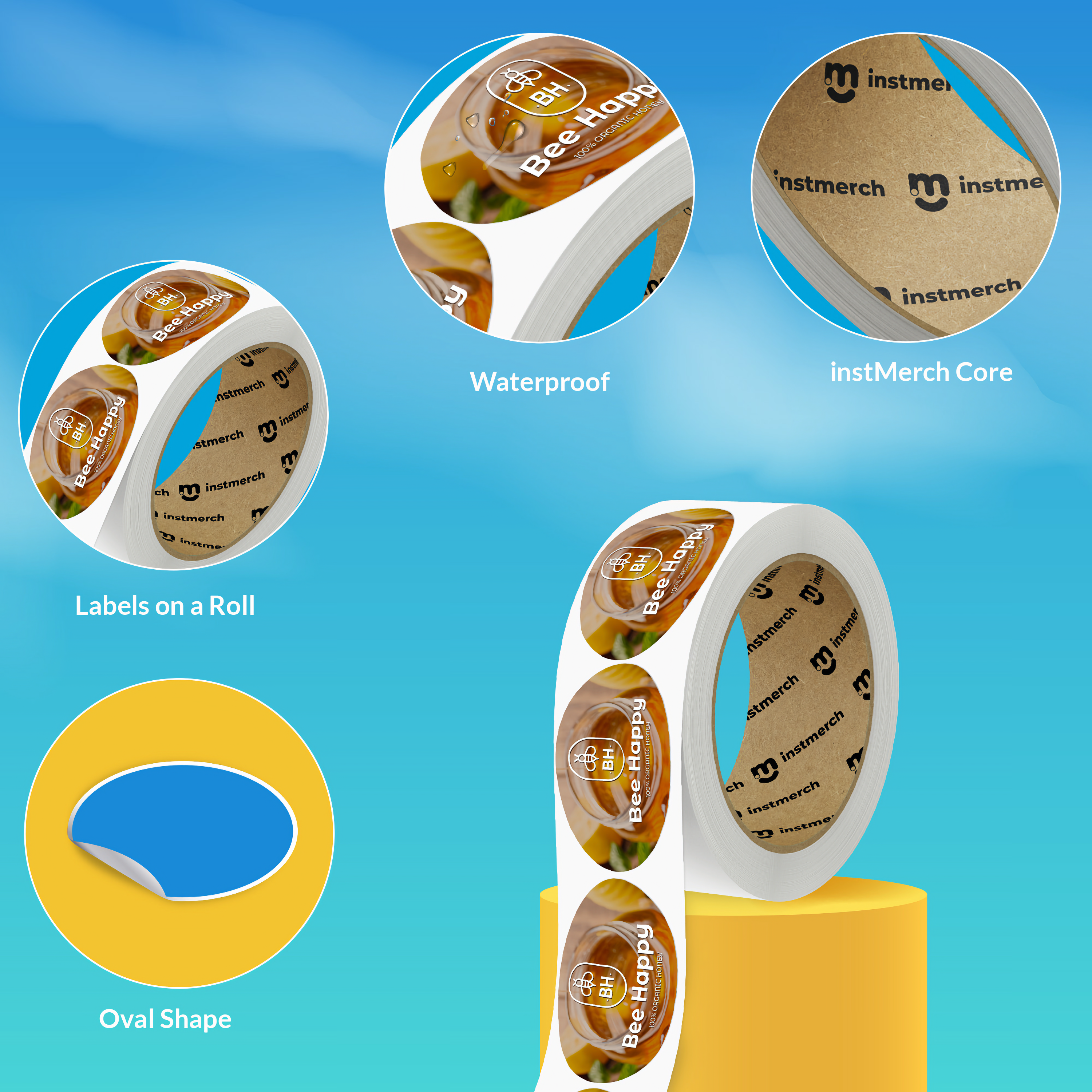 Roll of oval-shaped labels with 'instMerch' branding on a blue background