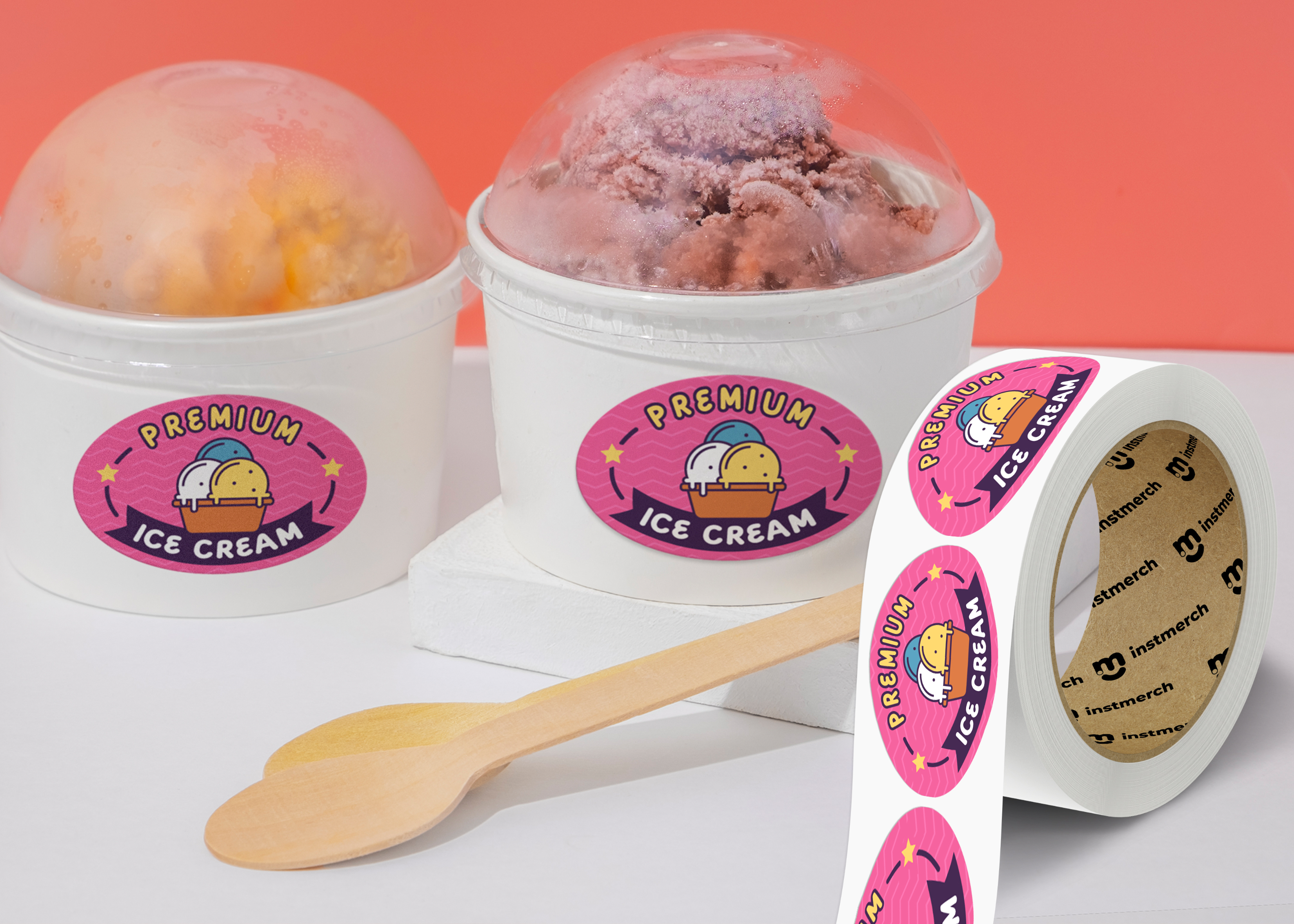 Two containers of ice cream with 'Premium Ice Cream' labels, a wooden spoon, and additional labels on a white background.