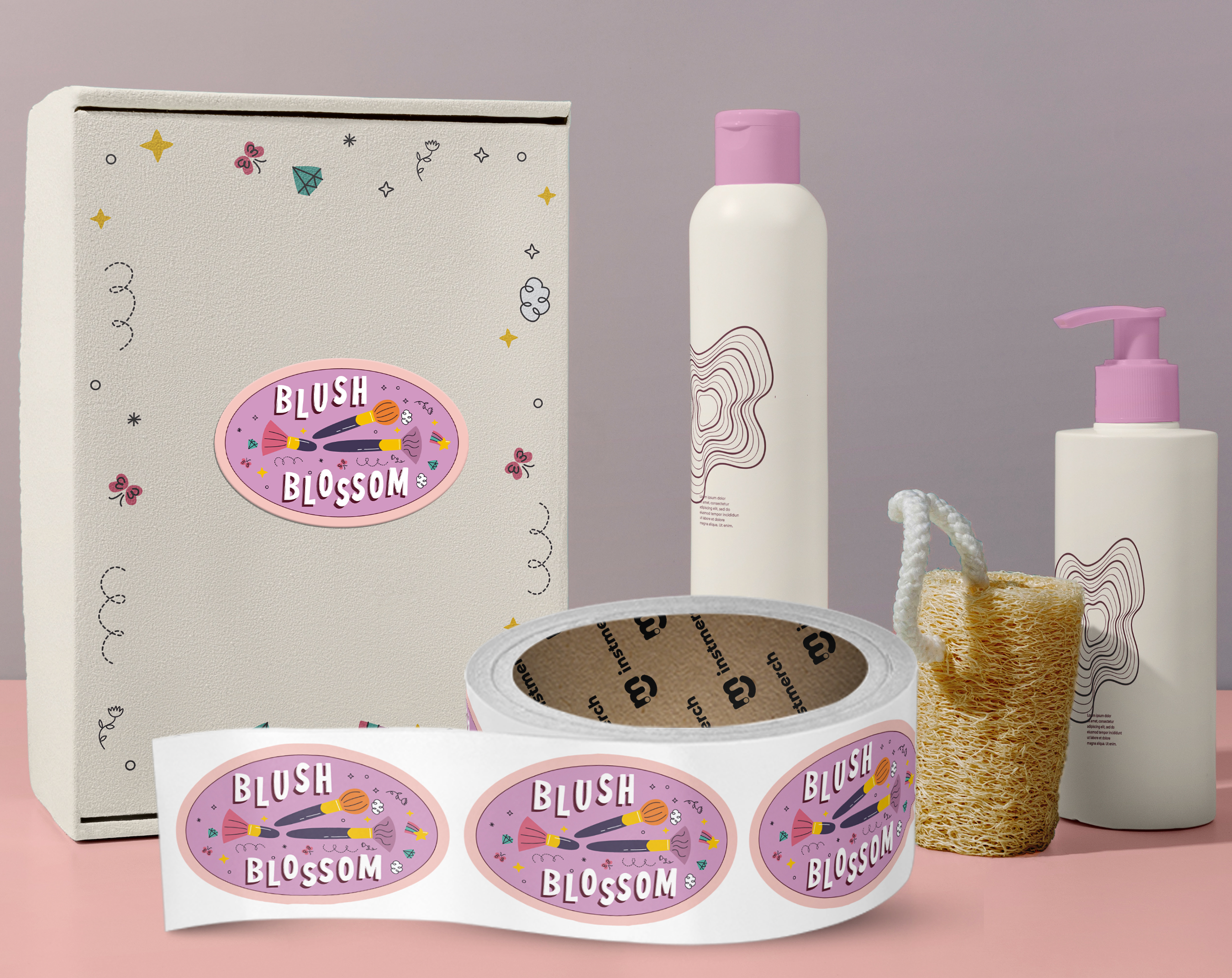 Product set with 'Blush Blossom' branding on a pink surface and gray background